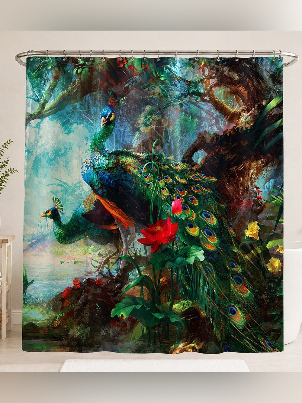Peacock Shower Curtain | Vibrant Boho Nature Print | Colorful Bathroom Decor